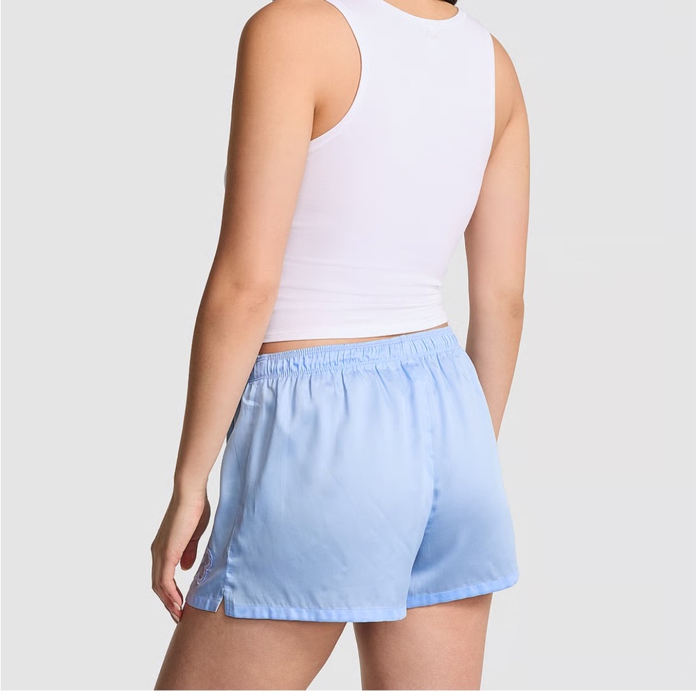 New PINK Victoria's Secret Blue Tencel Satin Pajama Sleep boxer Shorts Large NWT